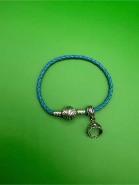 925 Sterling Silver Pandora Shell Leather Bracelet & Charm Bracelet 6.5”.